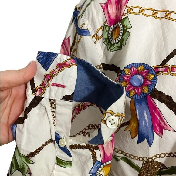 Talbots Chain Tassel Novelty Print White Gold Button Down Size MP Top - Picture 4 of 10